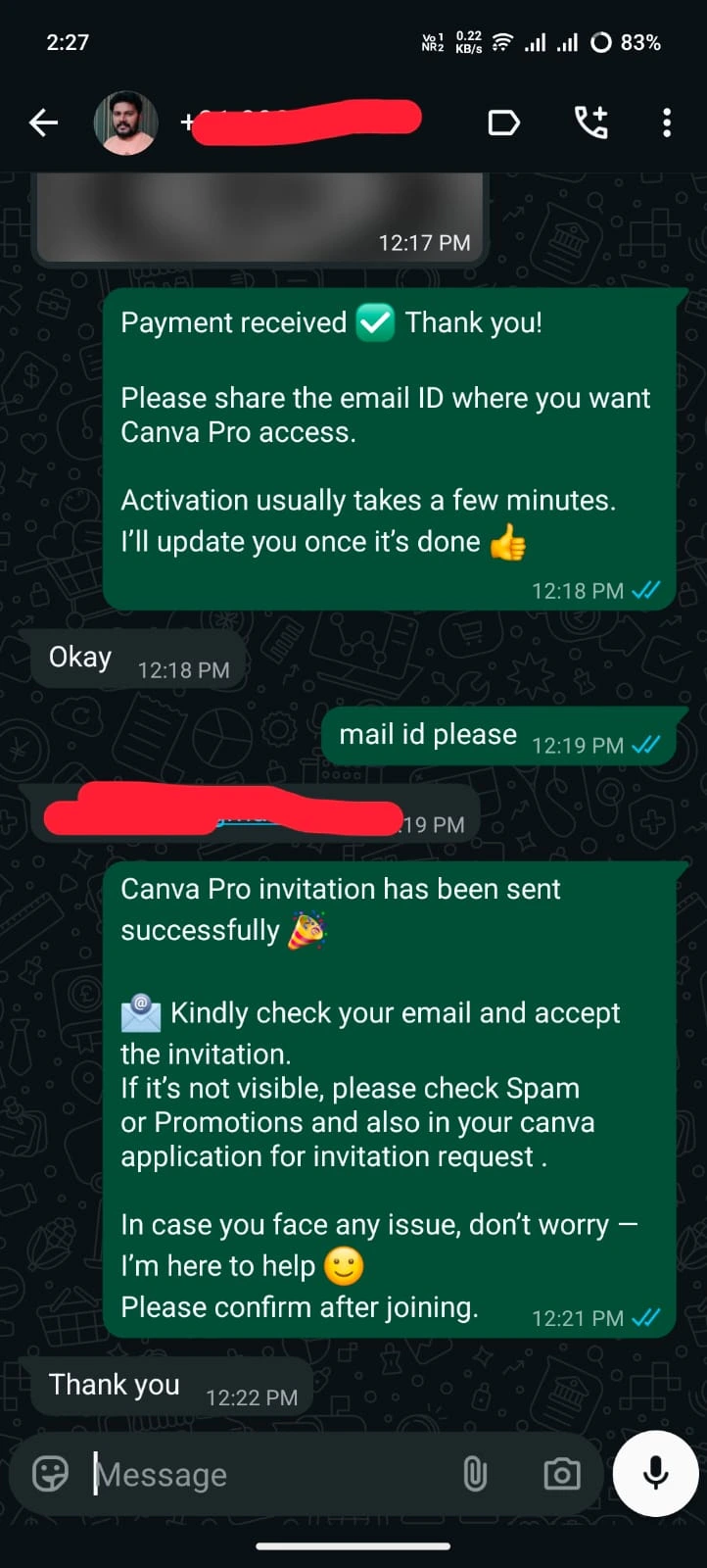 Canva Pro activation screenshot